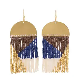 Birdie Geometric Beaded Fringe Earrings Navy, Brown, Ivory, Gold