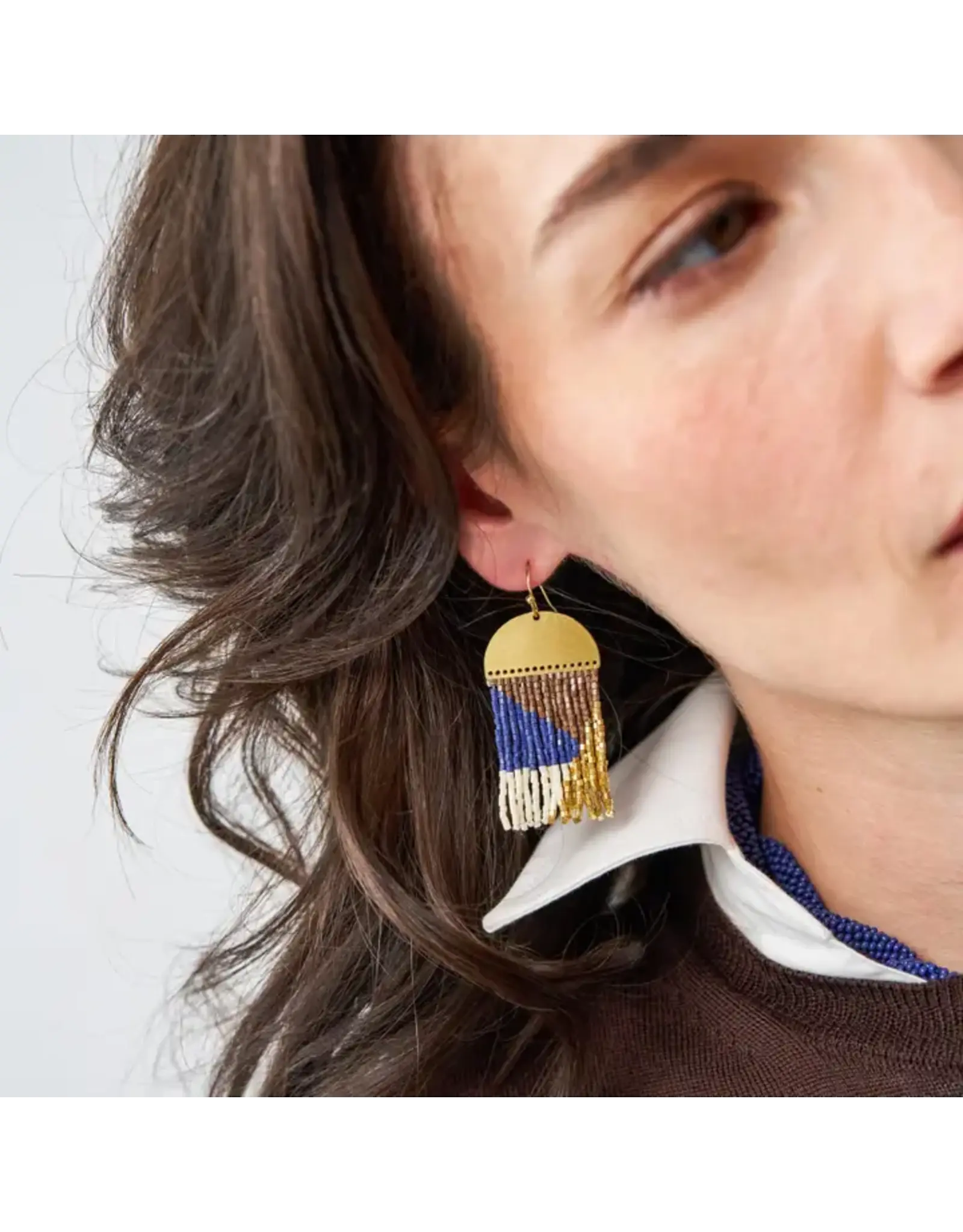 Birdie Geometric Beaded Fringe Earrings Navy, Brown, Ivory, Gold
