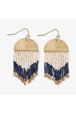 Claudia Curved Pattern Short Beaded Fringe Earrings Navy