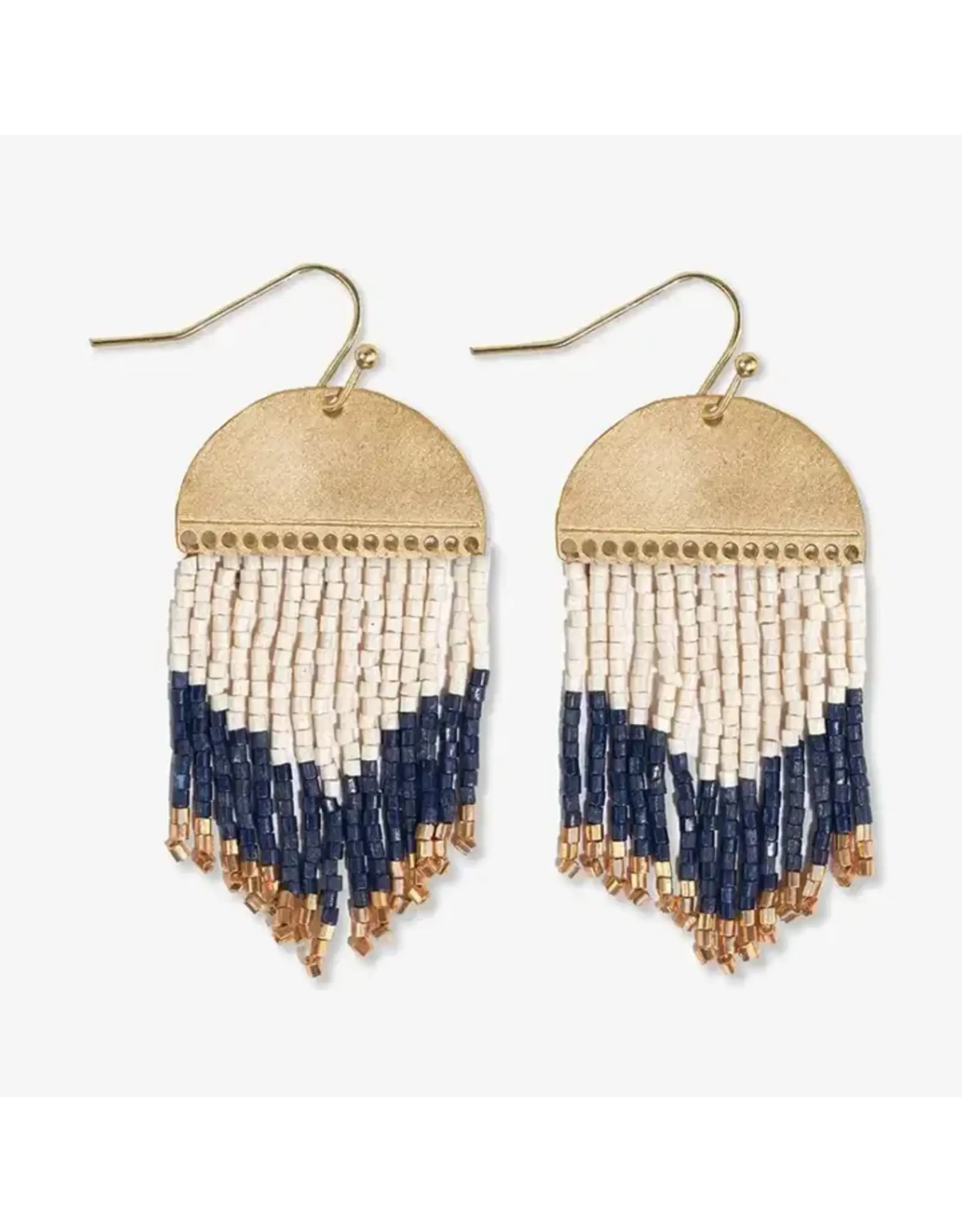 Claudia Curved Pattern Short Beaded Fringe Earrings Navy