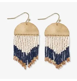 Claudia Curved Pattern Short Beaded Fringe Earrings Navy