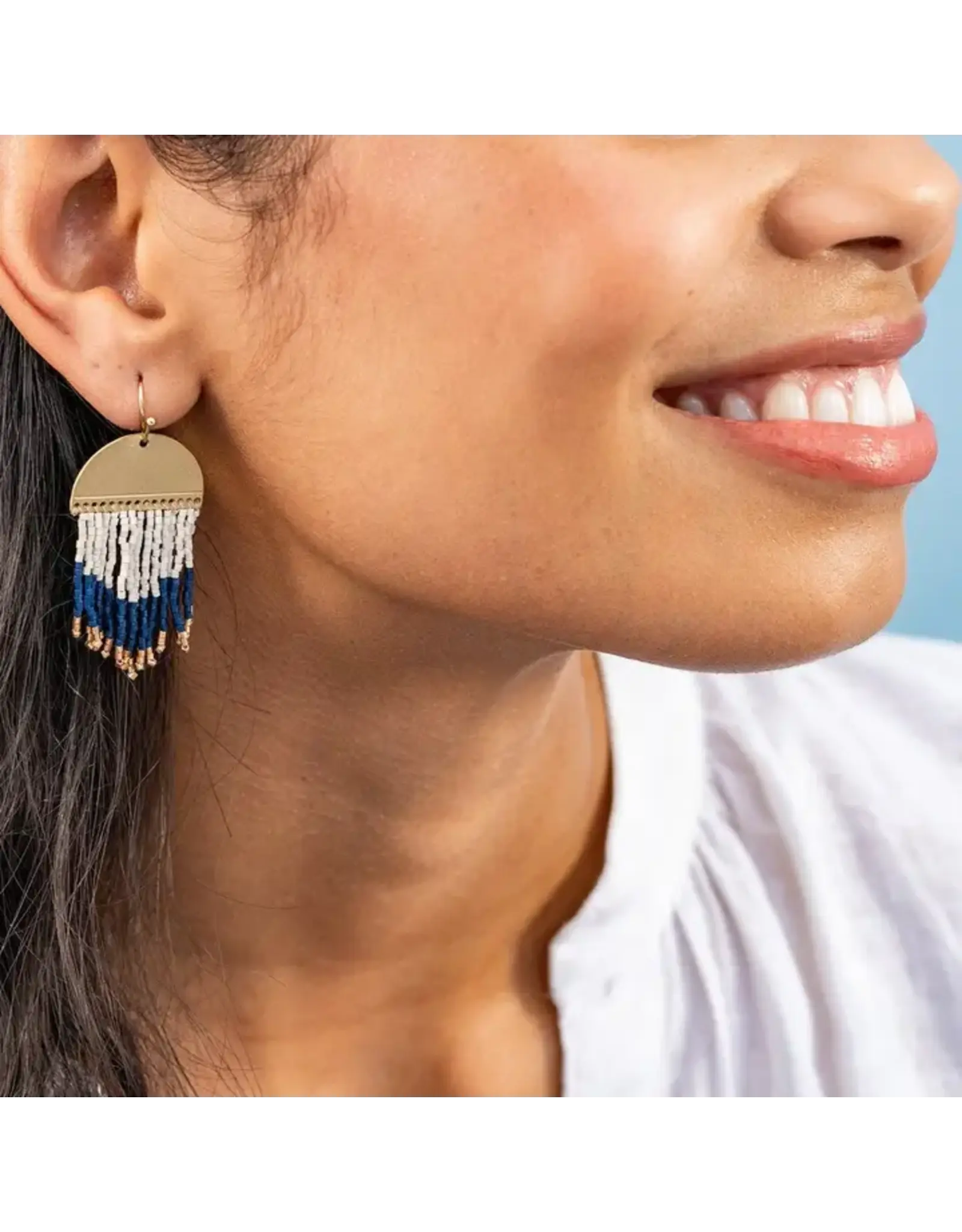 Claudia Curved Pattern Short Beaded Fringe Earrings Navy