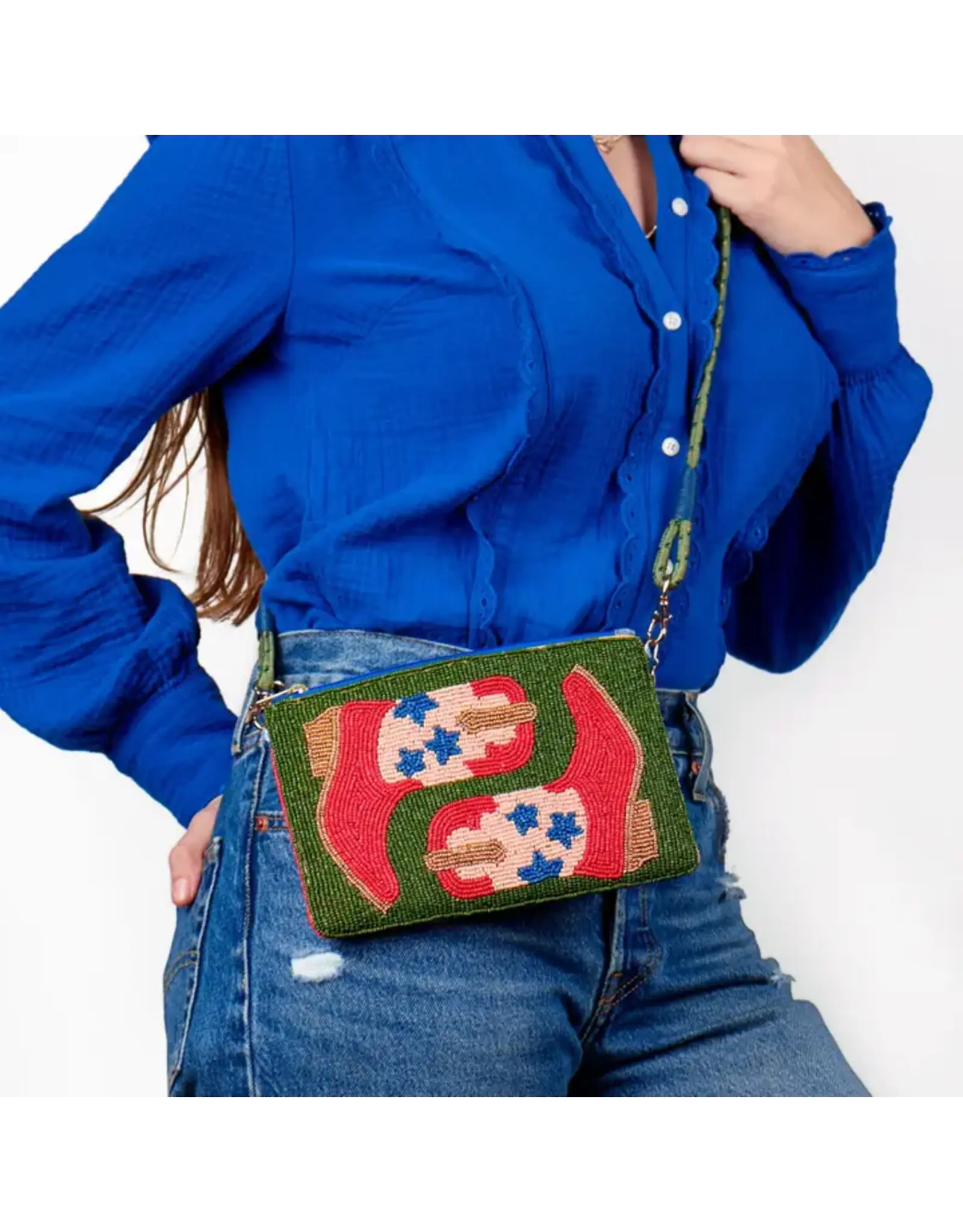 Leila Red Boots Seed Bead Clutch with Strap