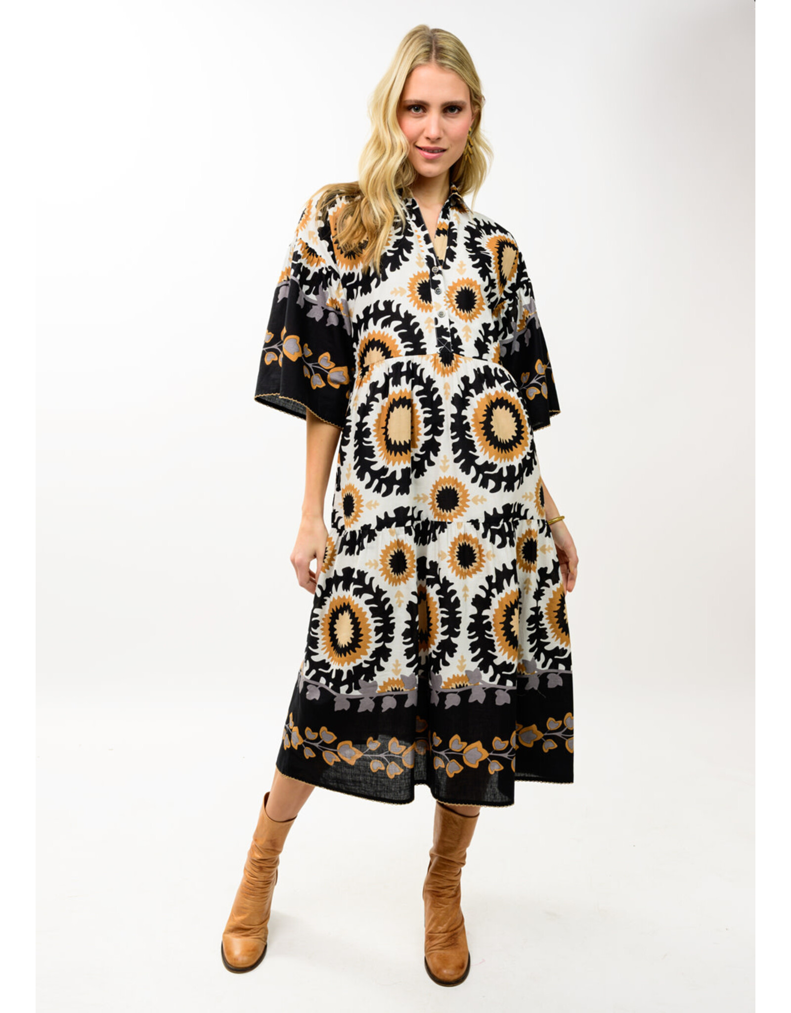 Uncle Frank Uncle Frank Tiered Maxi Border Print Dress Black
