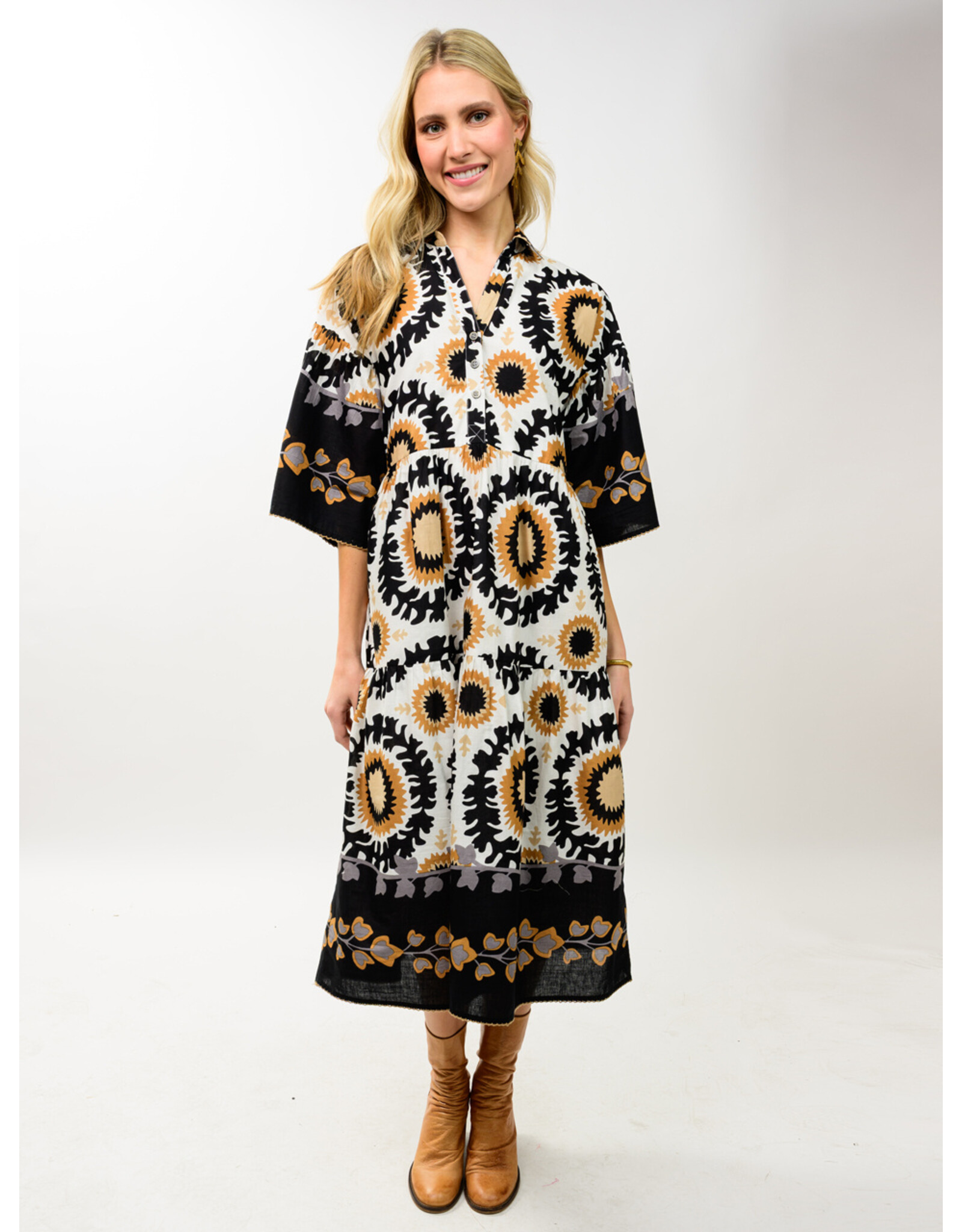 Uncle Frank Uncle Frank Tiered Maxi Border Print Dress Black