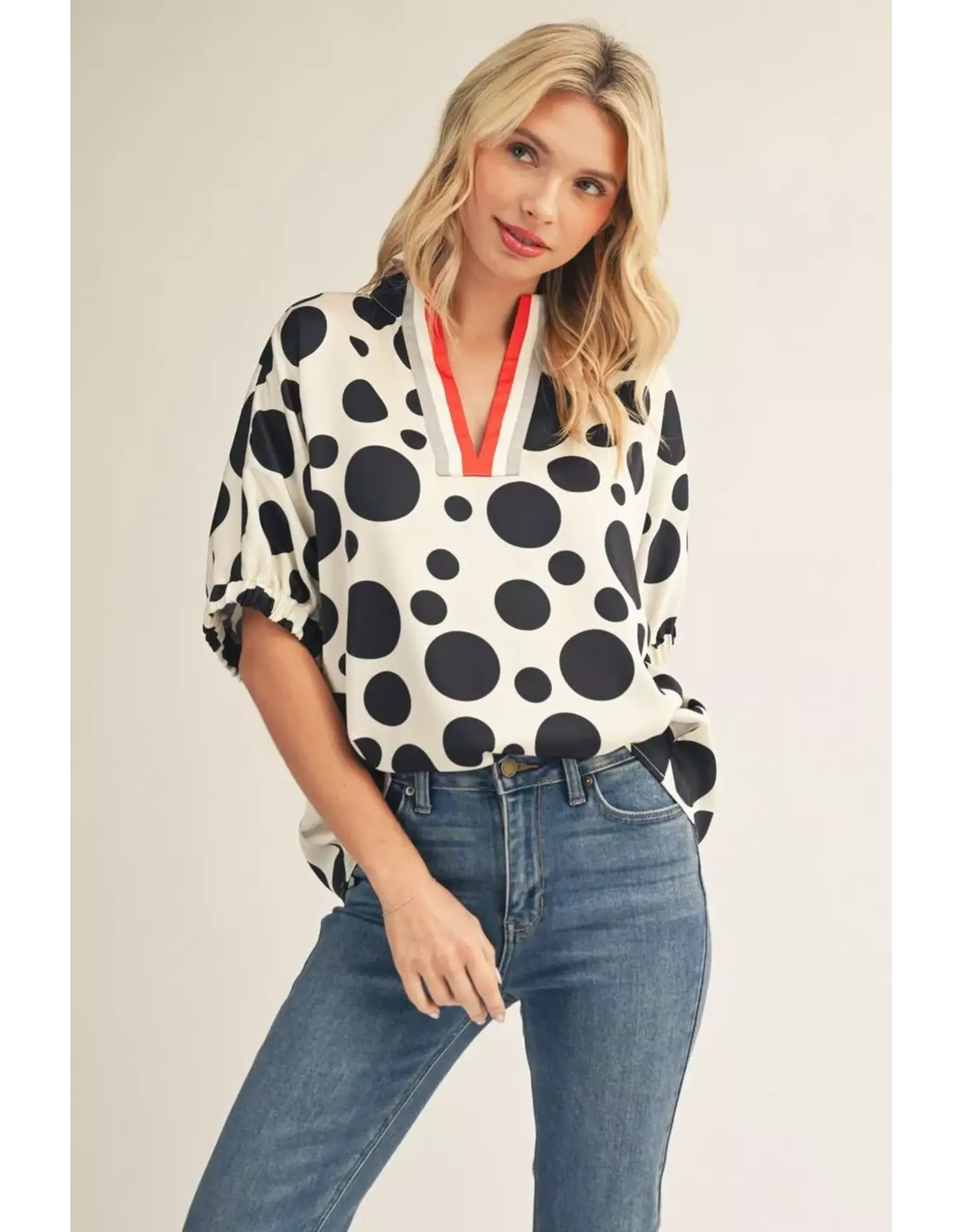 Sloane Drop Shoulder Polka Dot Satin Top