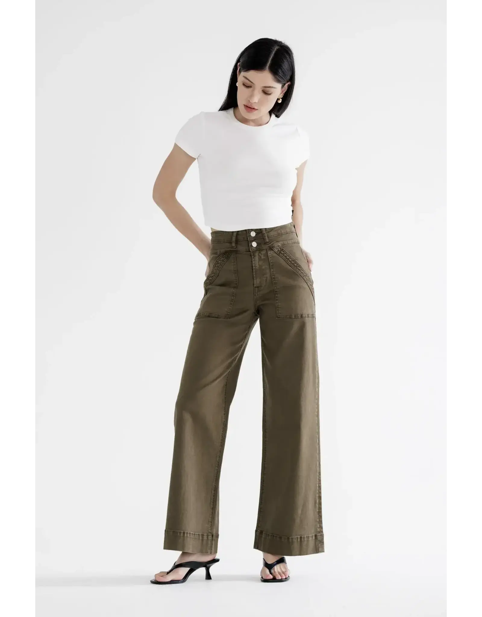 Mia Double Waistband Wide Leg Jean Fern Green
