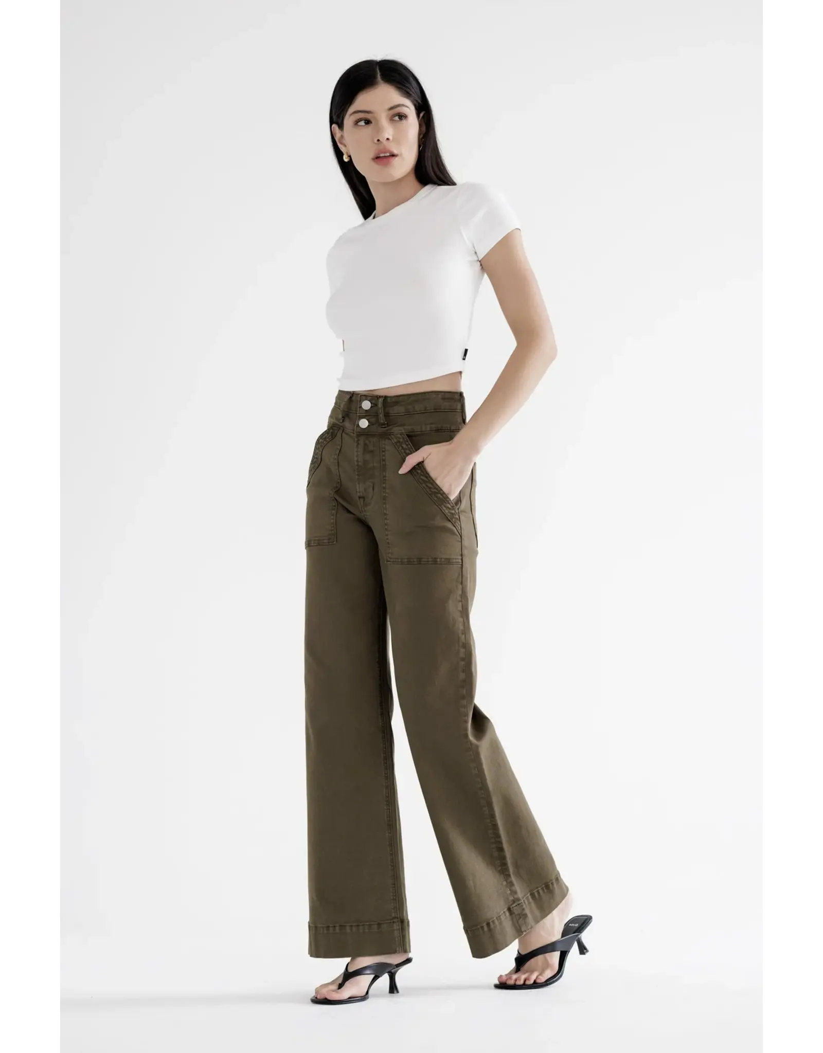 Mia Double Waistband Wide Leg Jean Fern Green