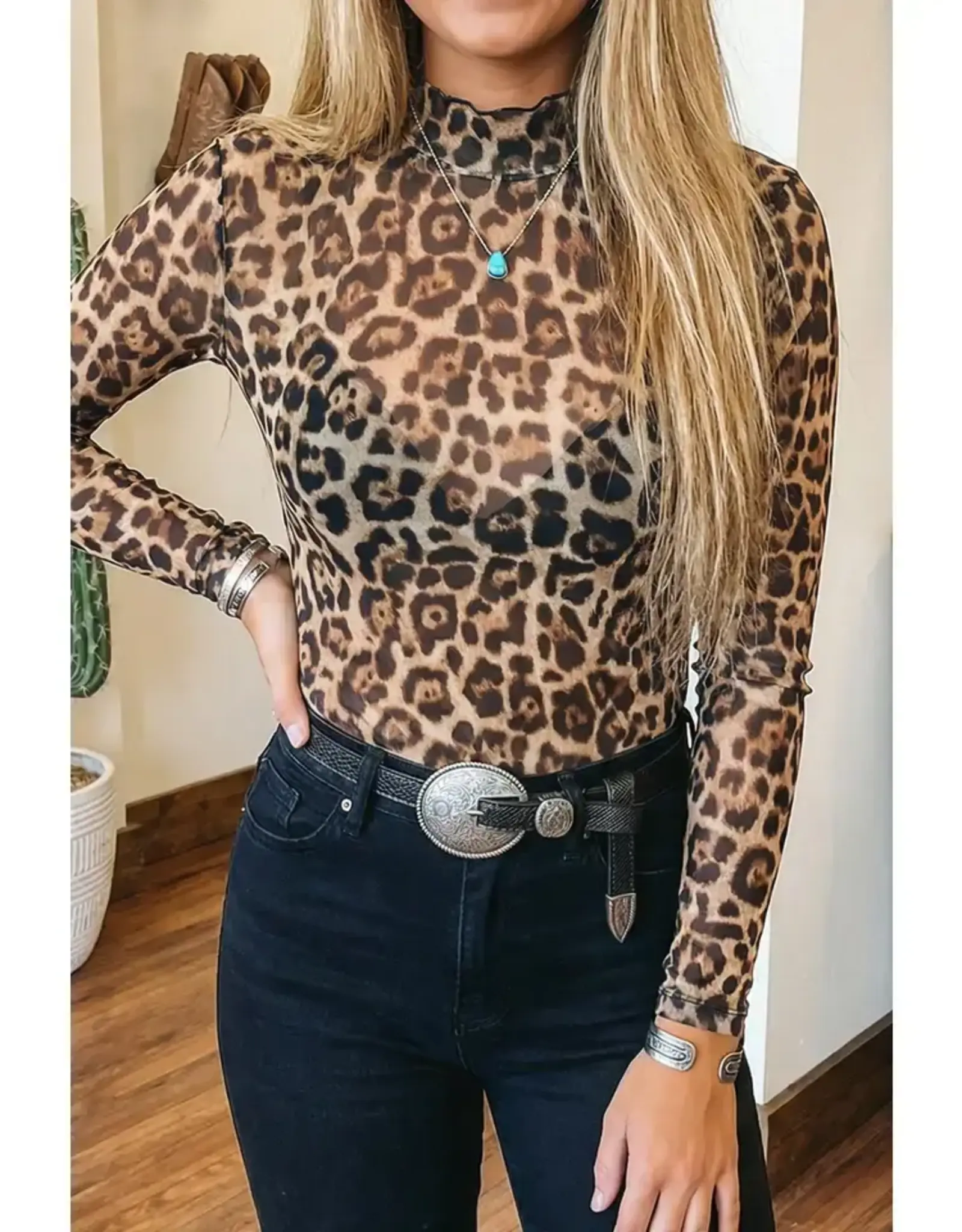 Lilitn Leopard Mock Neck Mesh Top