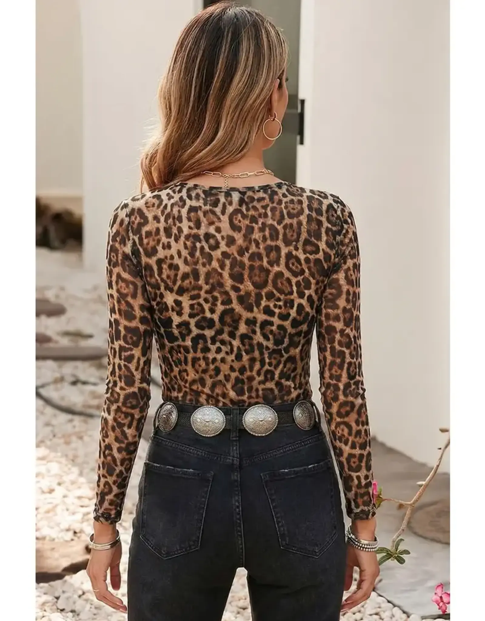 Lilitn Leopard Mock Neck Mesh Top
