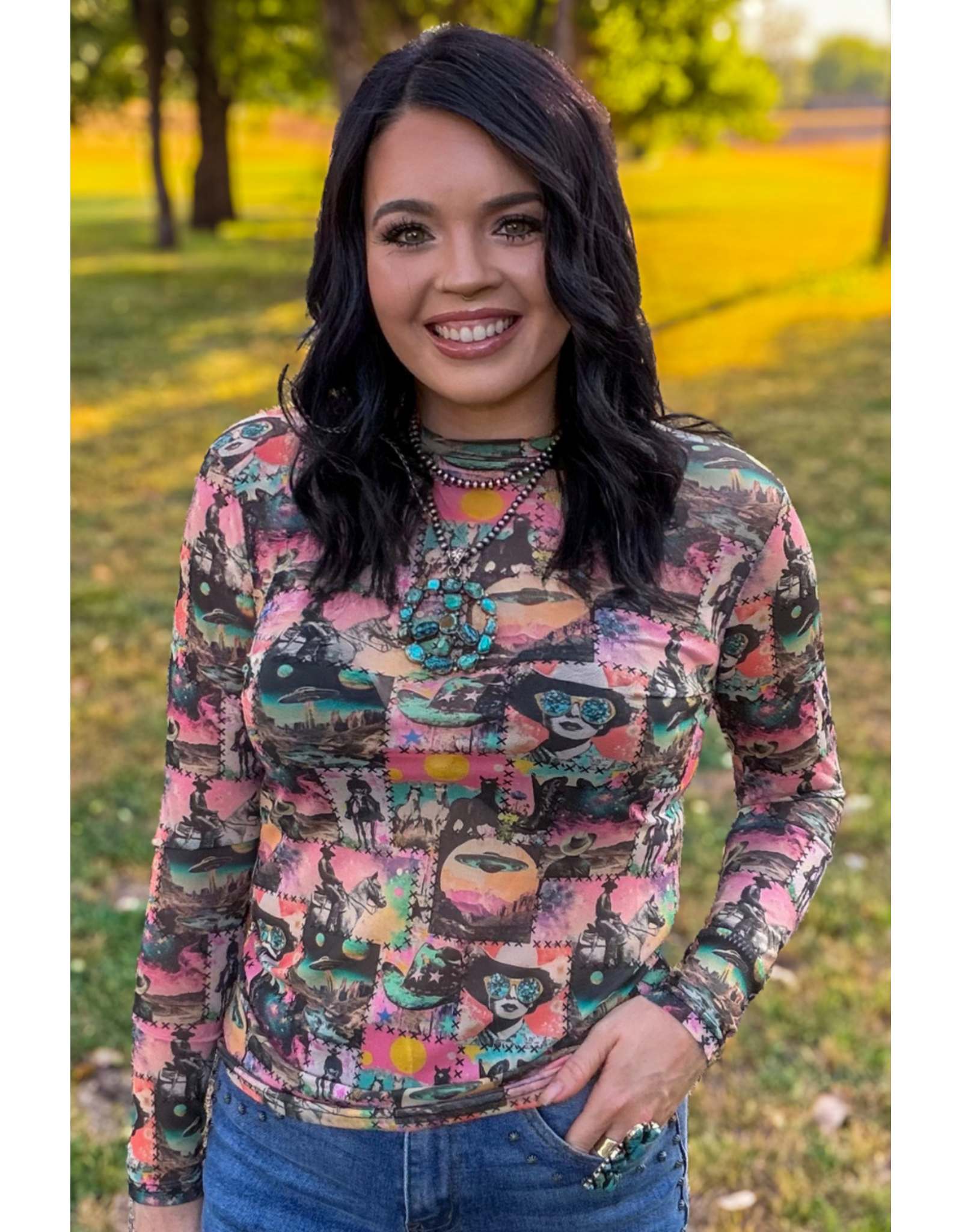 Cosmic Cowgirl Long Sleeve Mesh Top