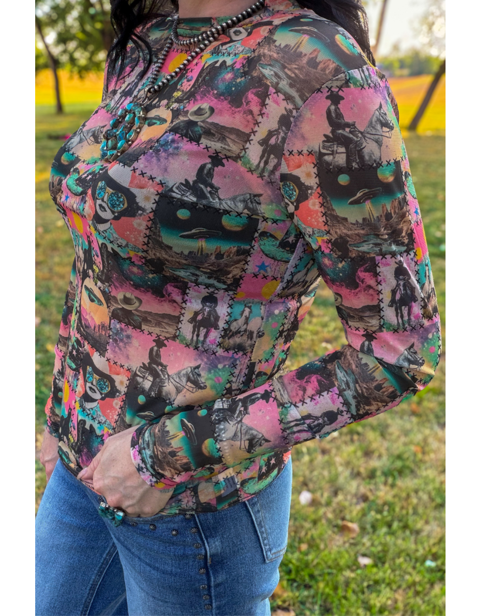 Cosmic Cowgirl Long Sleeve Mesh Top