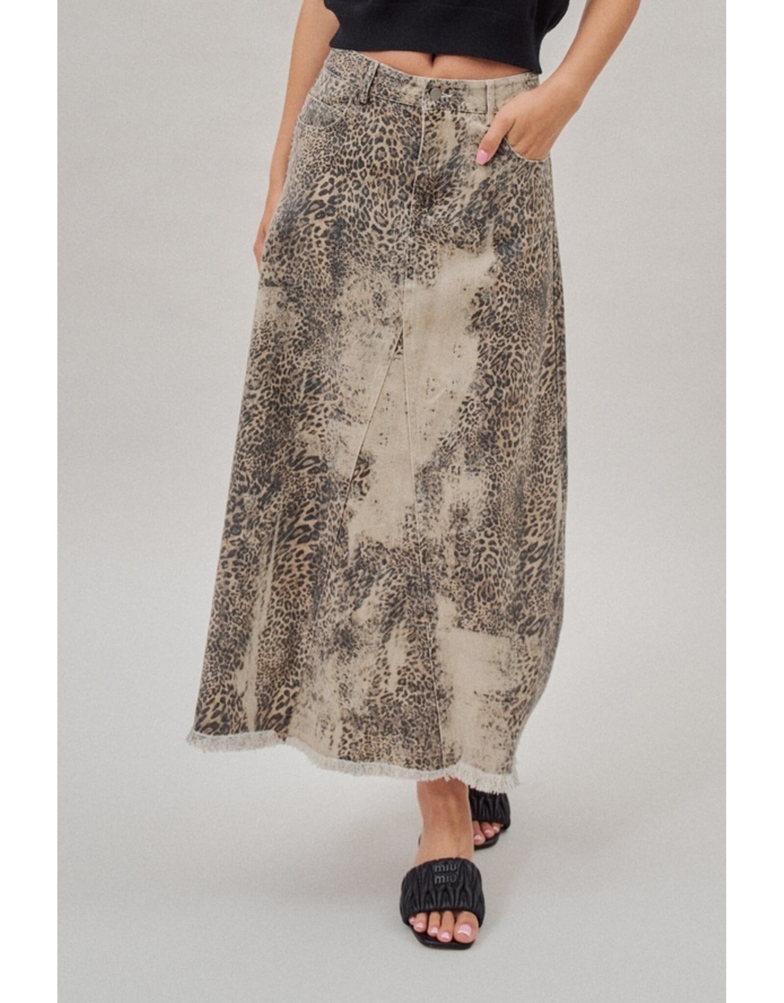 Leopard Print Denim Maxi Skirt
