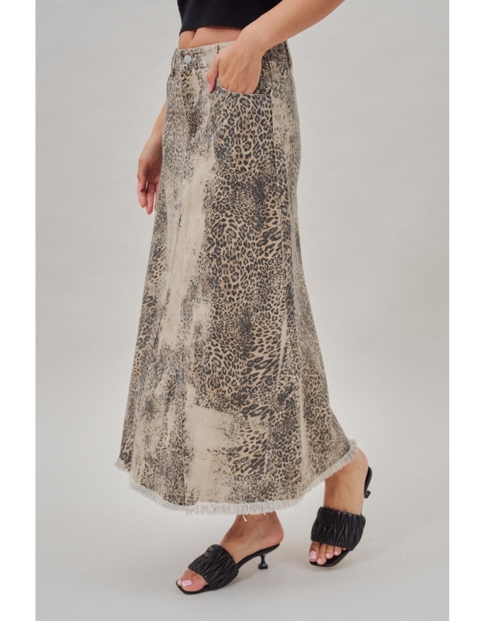 Leopard Print Denim Maxi Skirt