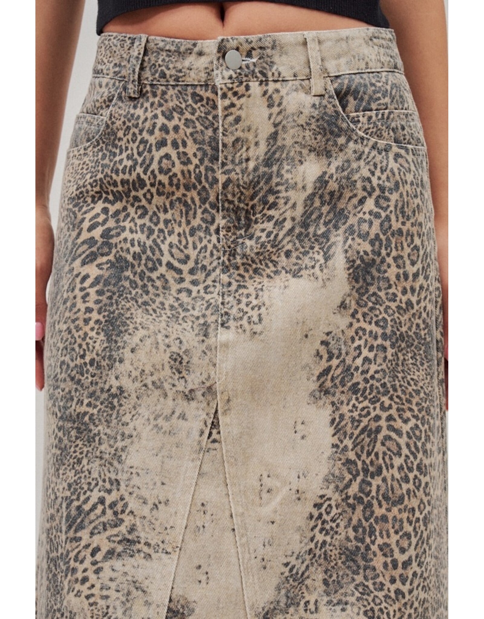 Leopard Print Denim Maxi Skirt