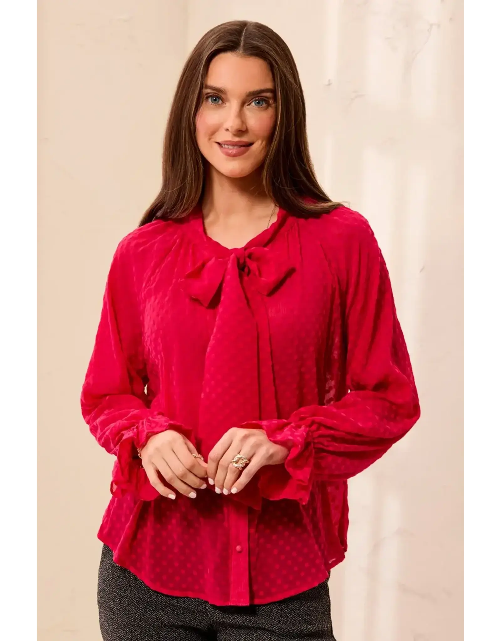 Tribal Tribal Chiffon Swiss Dot Bow Tie Neck Blouse Jazzy