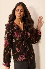 Tribal Tribal Floral Embroidered V-Neck Blouse Black