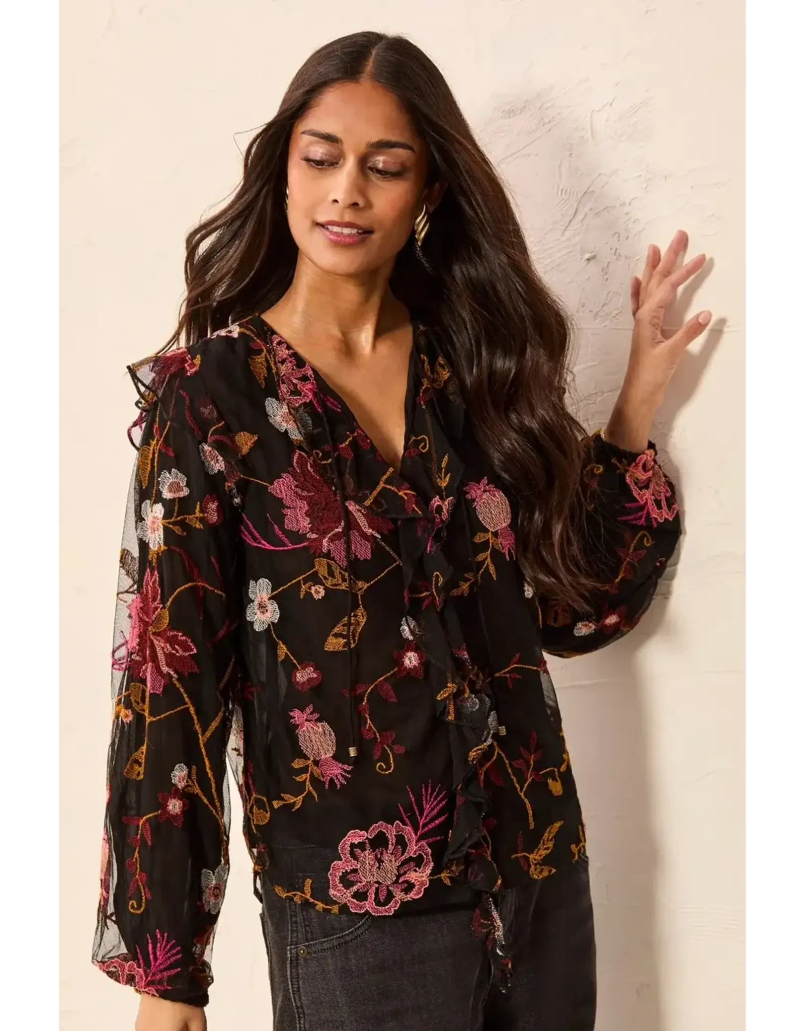 Tribal Tribal Floral Embroidered V-Neck Blouse Black