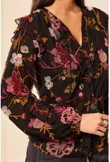 Tribal Tribal Floral Embroidered V-Neck Blouse Black