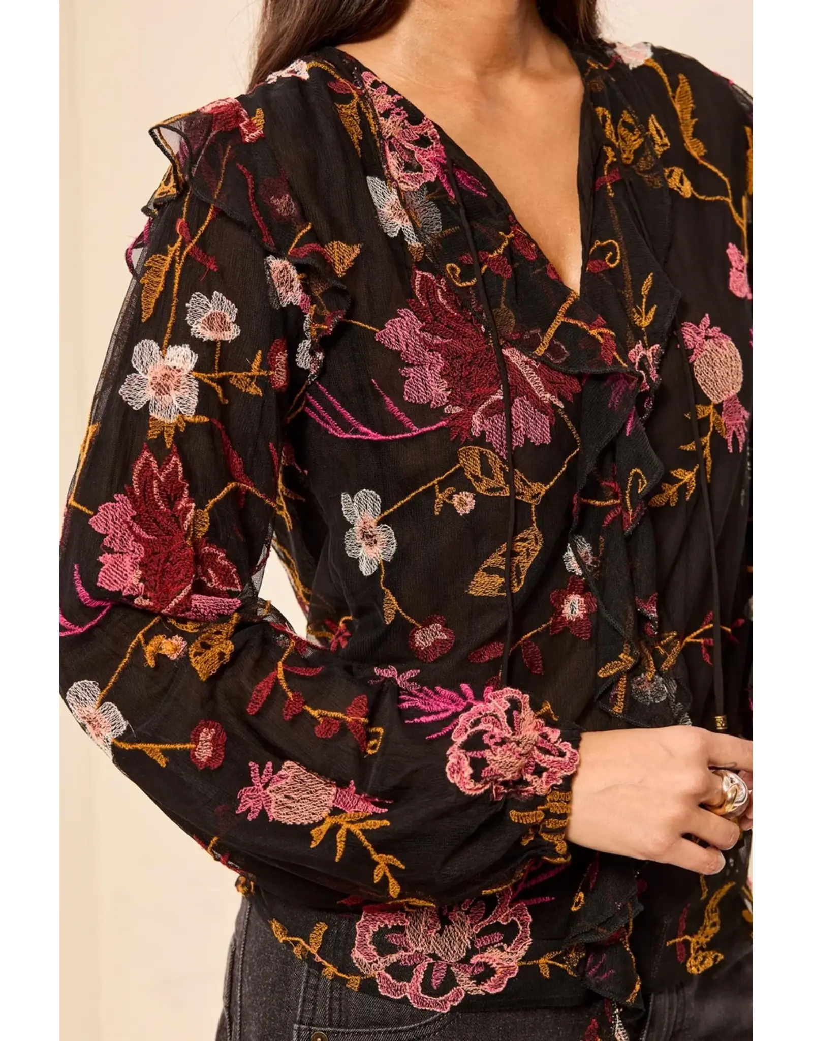 Tribal Tribal Floral Embroidered V-Neck Blouse Black