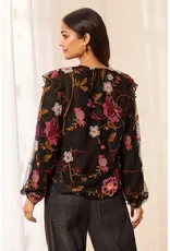 Tribal Tribal Floral Embroidered V-Neck Blouse Black