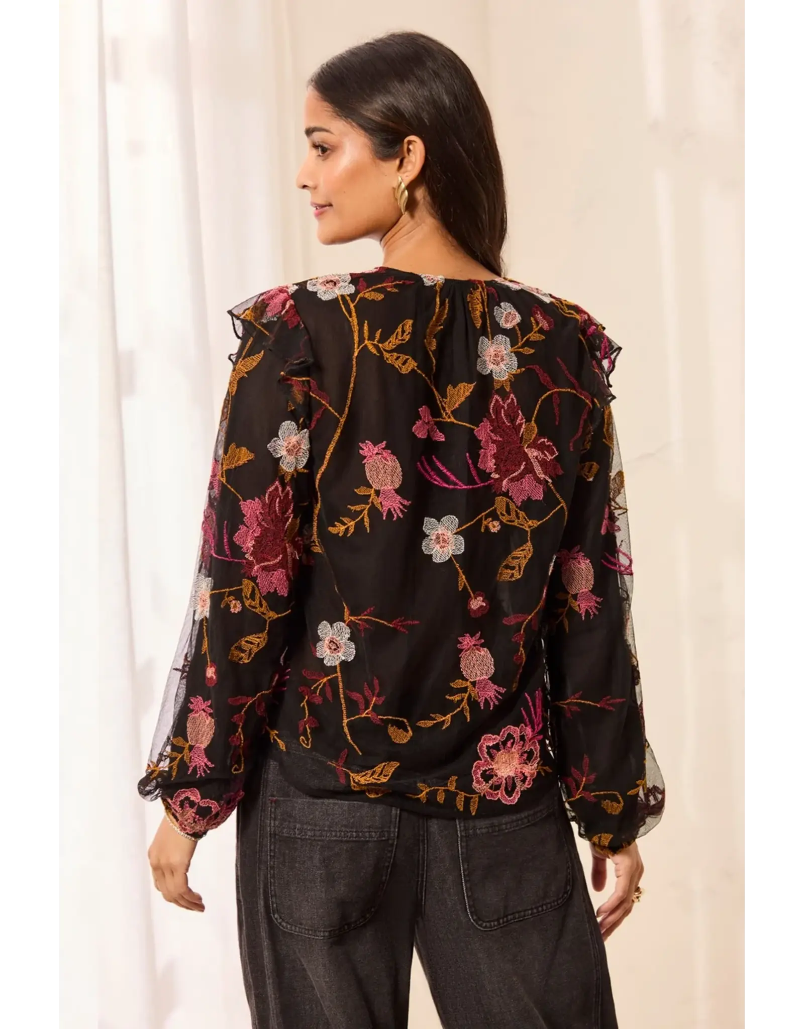 Tribal Tribal Floral Embroidered V-Neck Blouse Black