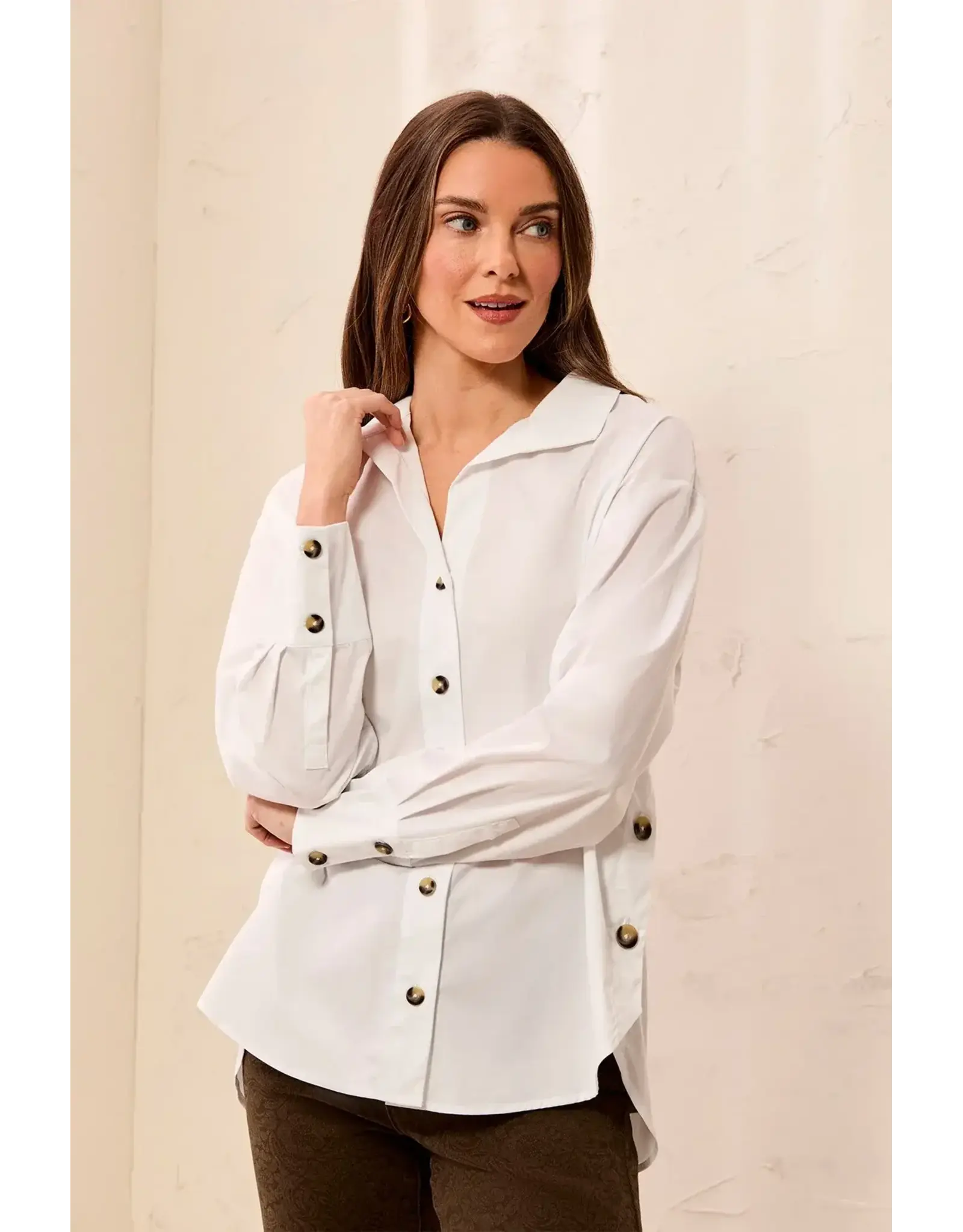 Tribal Tribal Poplin LS Button Front Side Placket Blouse White