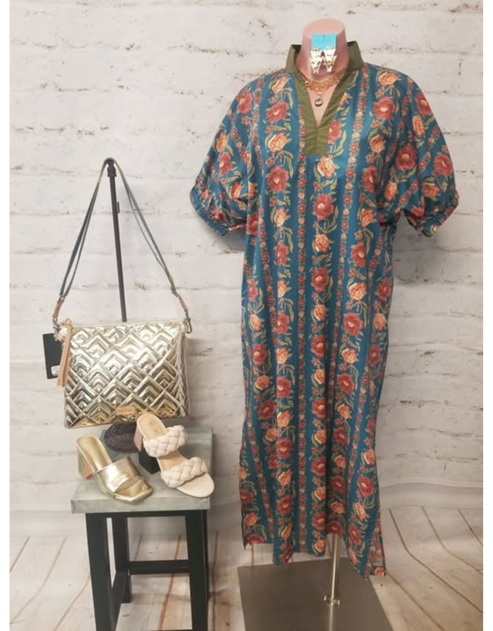 Sidra Floral Striped Teal Midi Dress