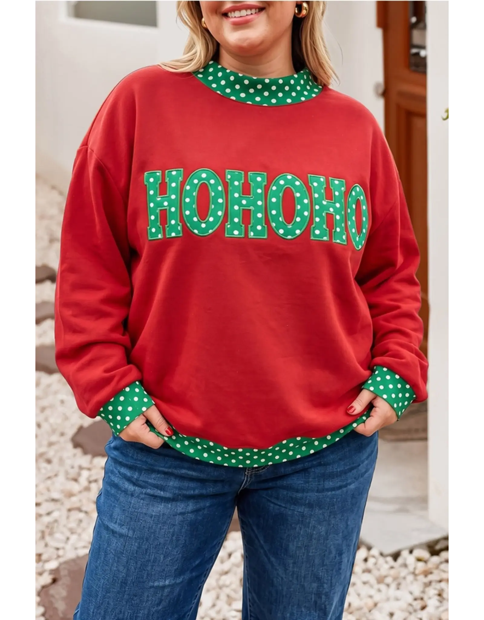 Ho Ho Ho Polka Dot Contrast Mock Neck Sweatshirt