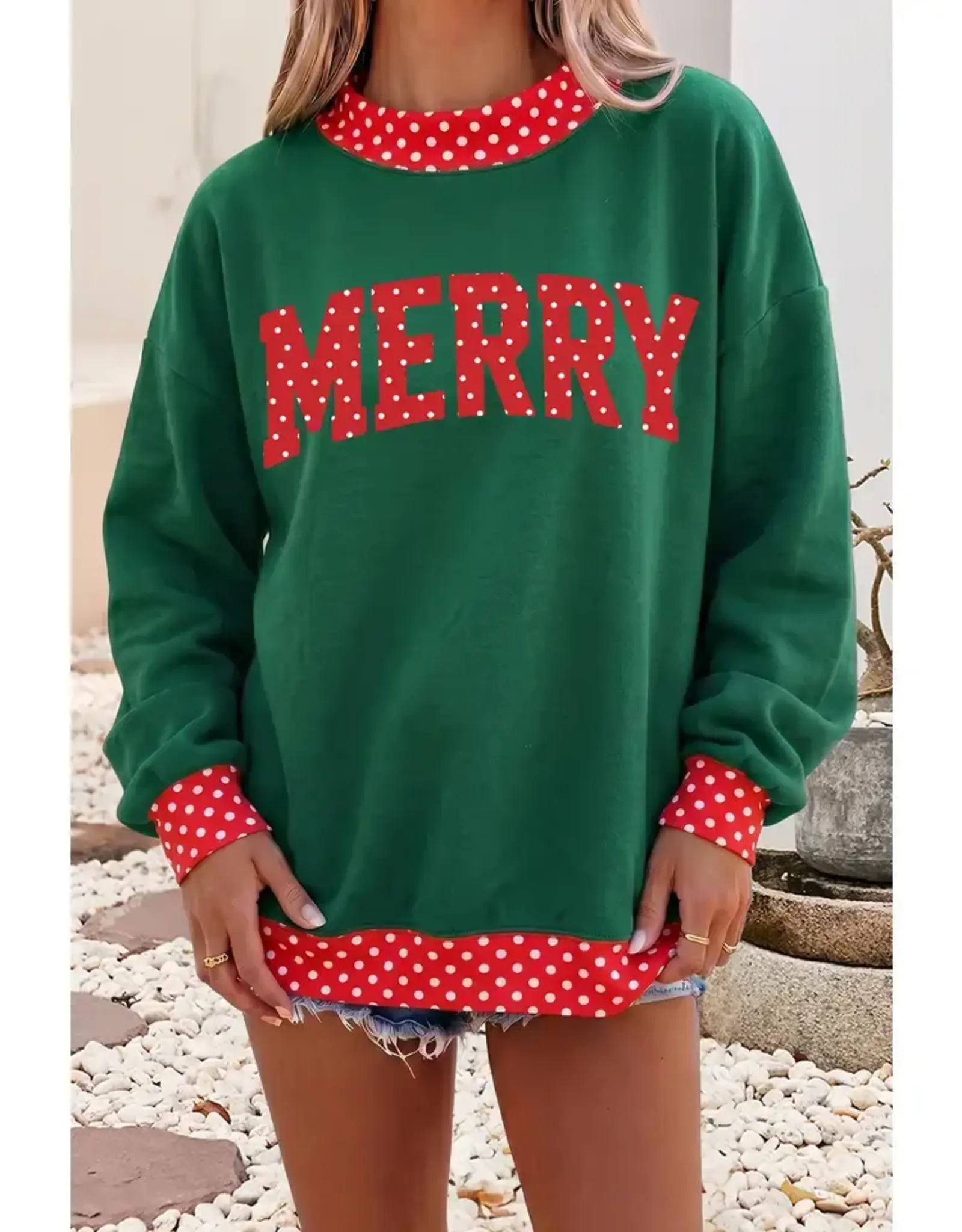 Polka Dot Contrast Merry Mock Neck Sweatshirt Dark Green