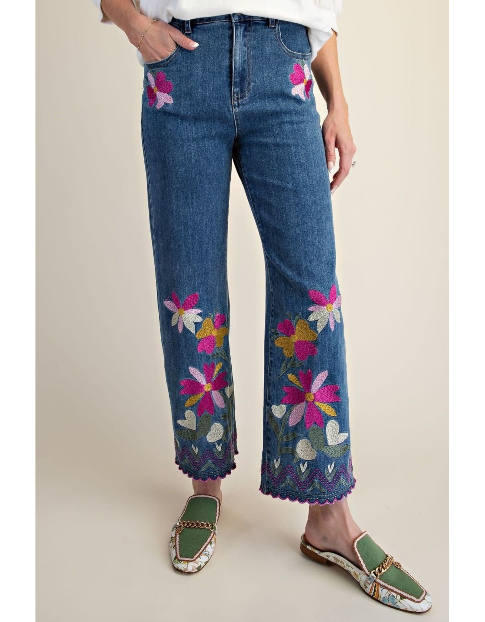 Esther Embroidery Washed Stretch Denim Pants