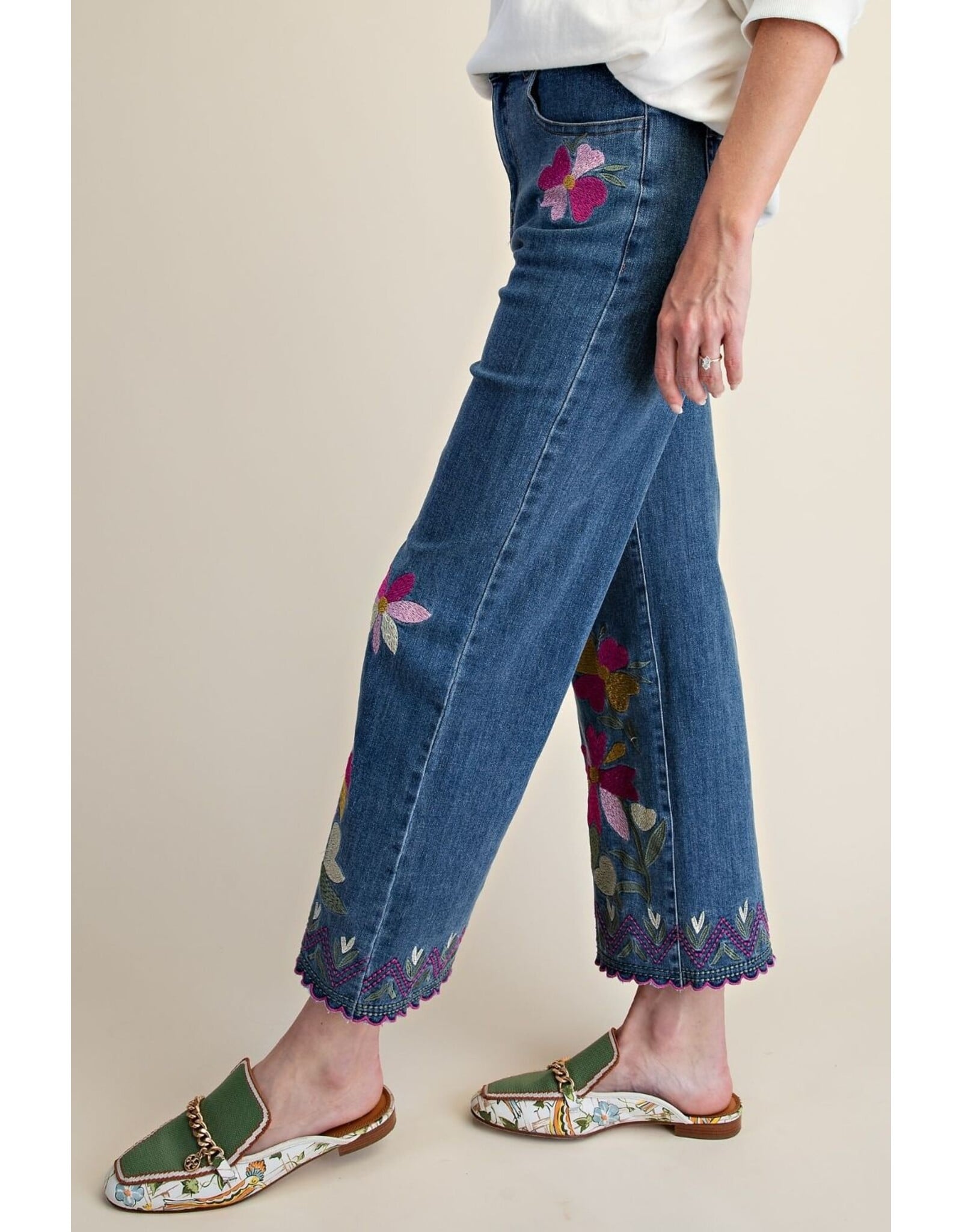 Esther Embroidery Washed Stretch Denim Pants
