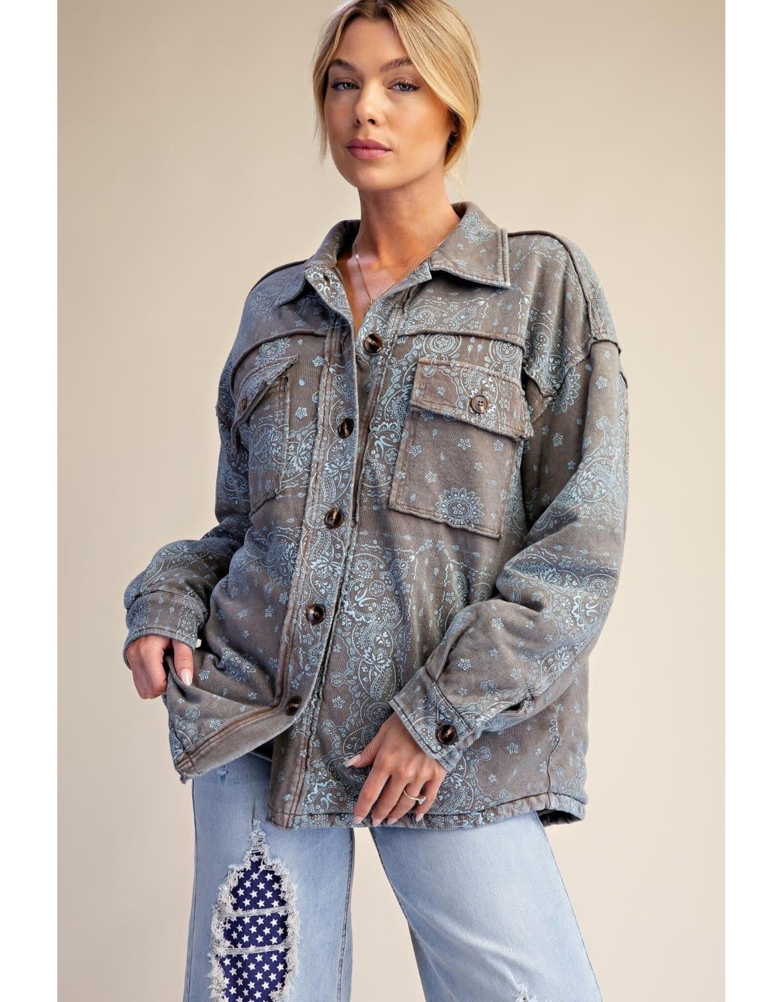 Ashton Bandana Print Washed Shacket Mocha Blue