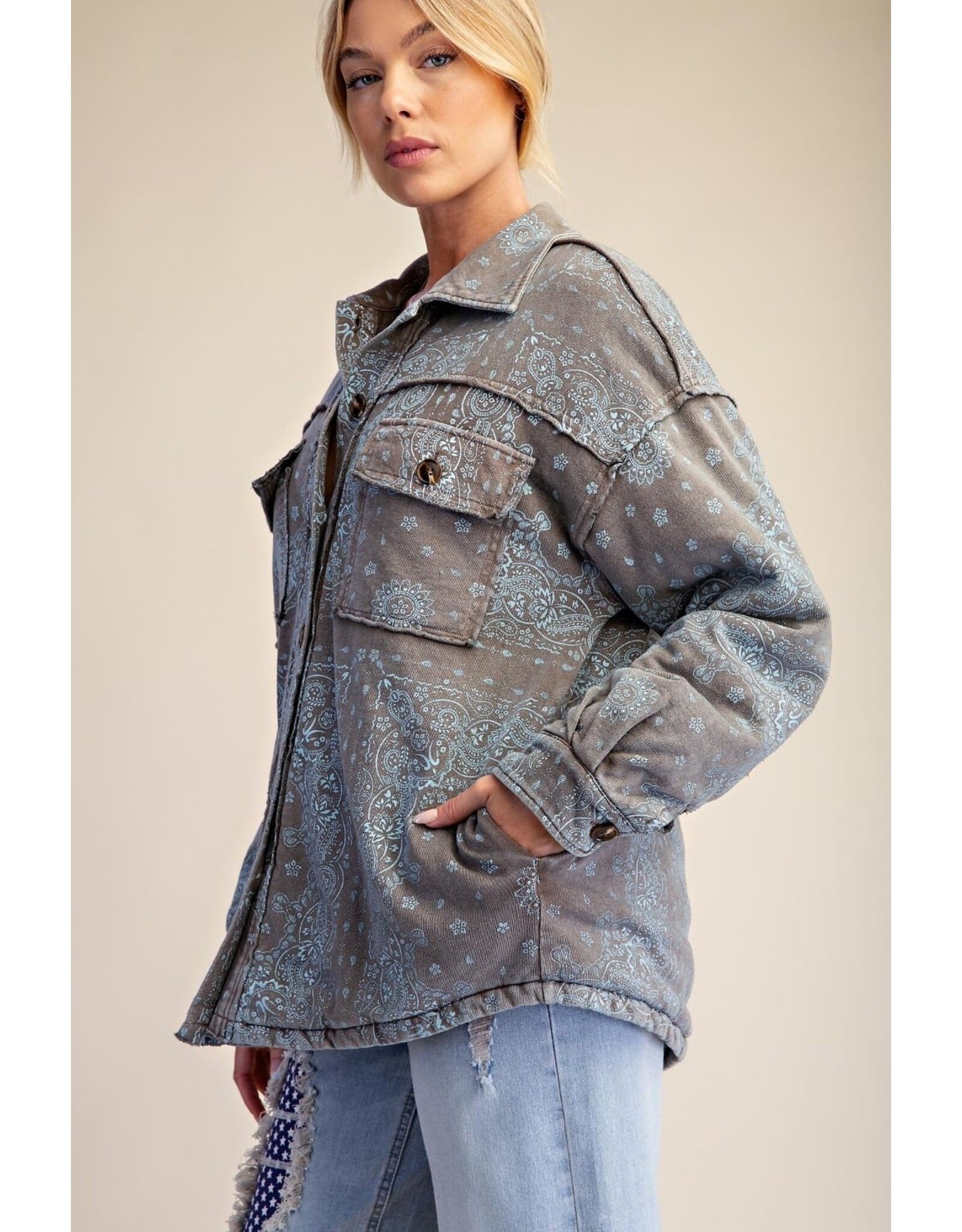 Ashton Bandana Print Washed Shacket Mocha Blue