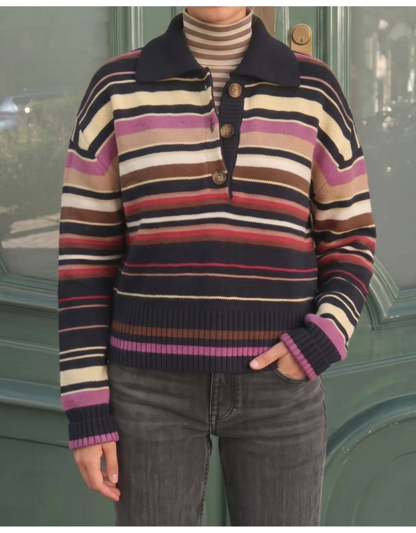 Belinda Button Collar Stripe Sweater