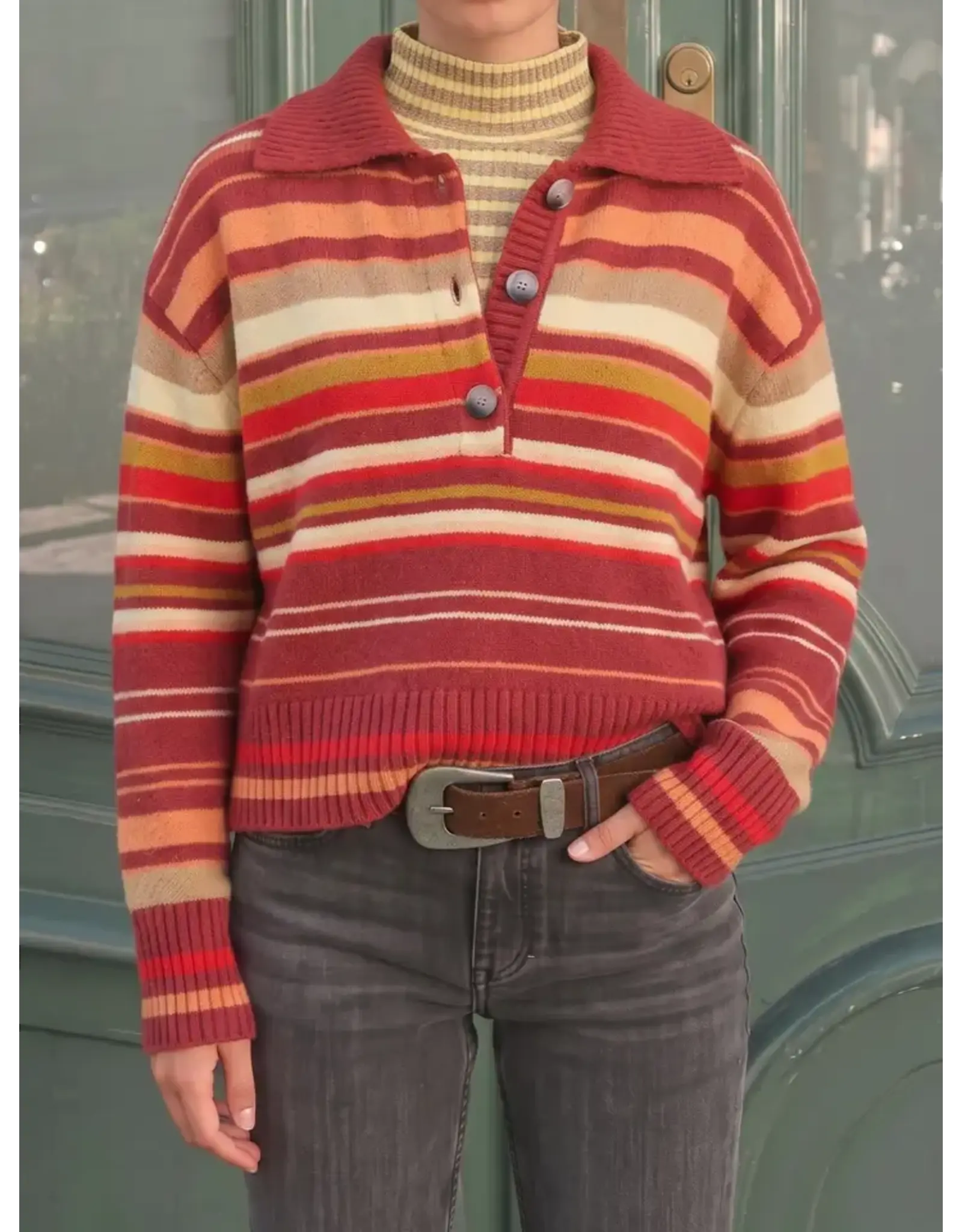 Belinda Button Collar Stripe Sweater