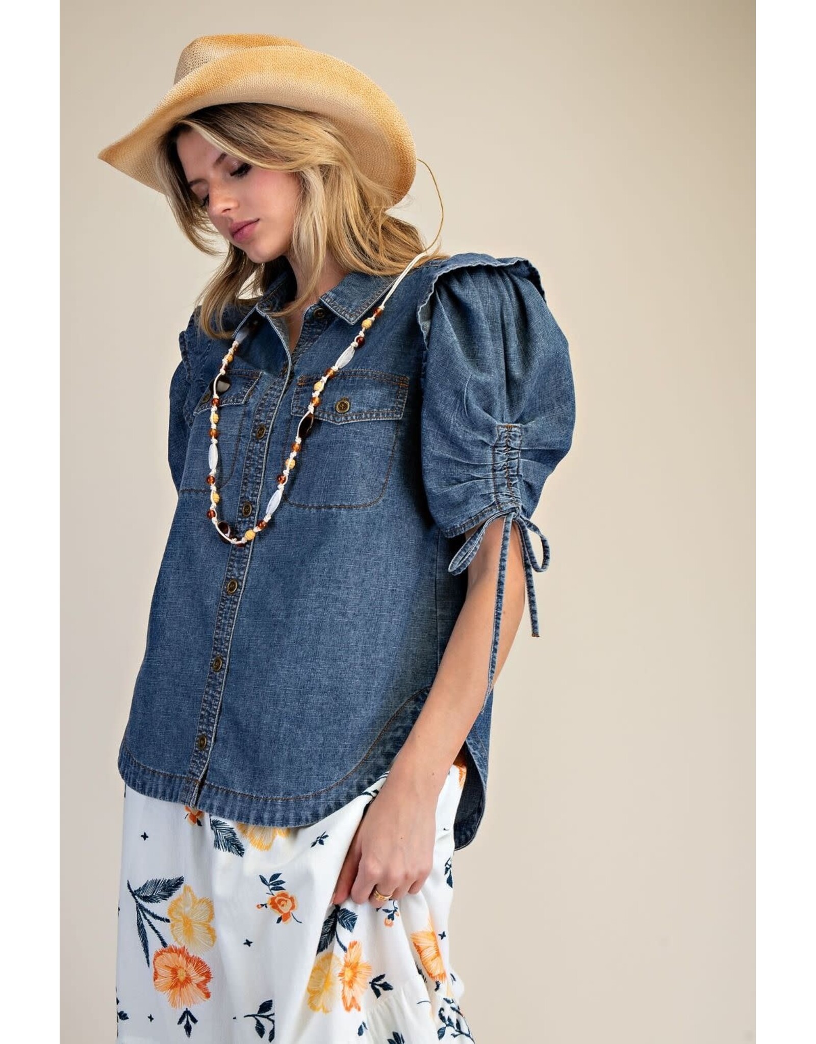 Patsy Ruffle Short Sleeve Denim Shirt