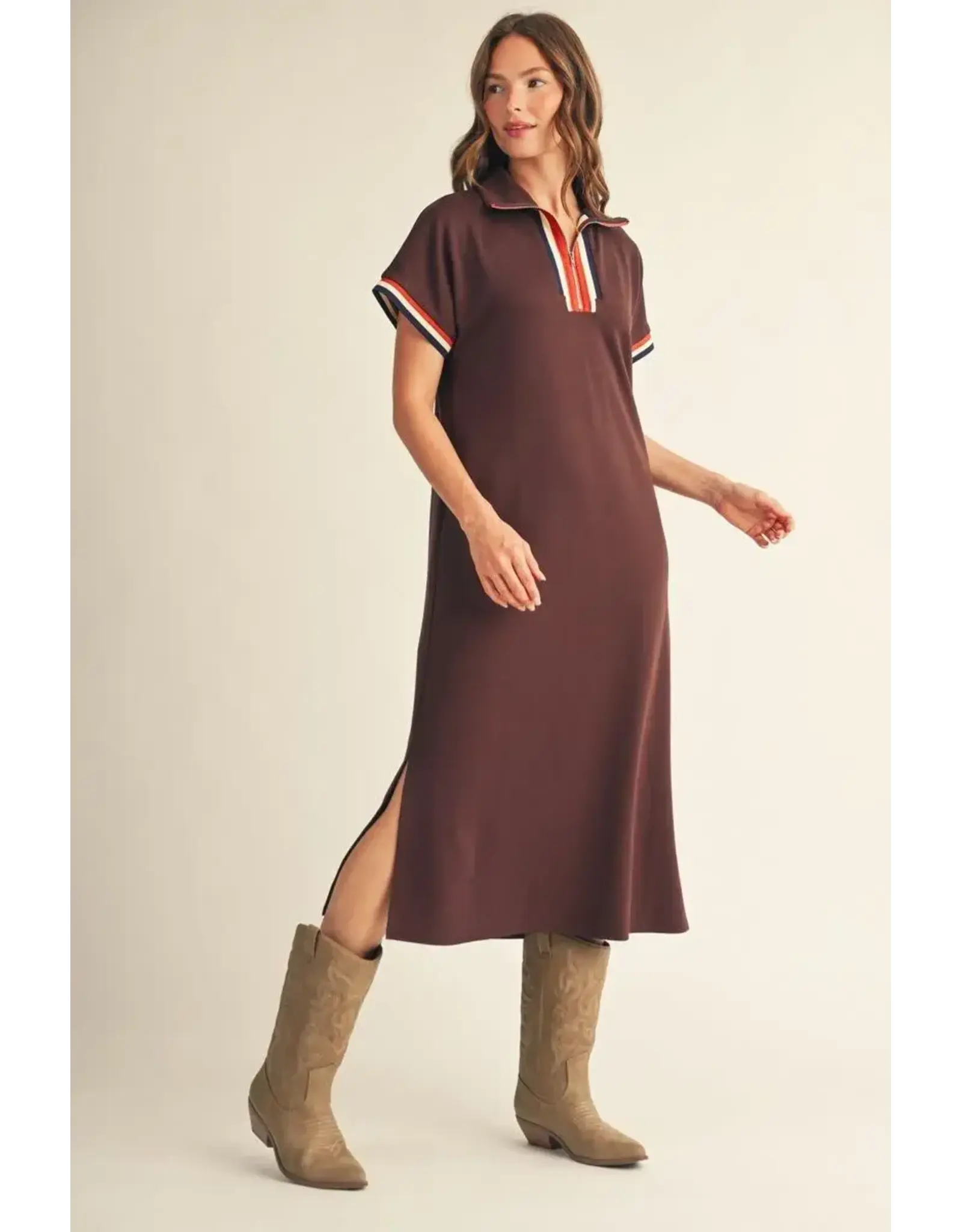 Stephanie Zip-Up Brown Midi Dress