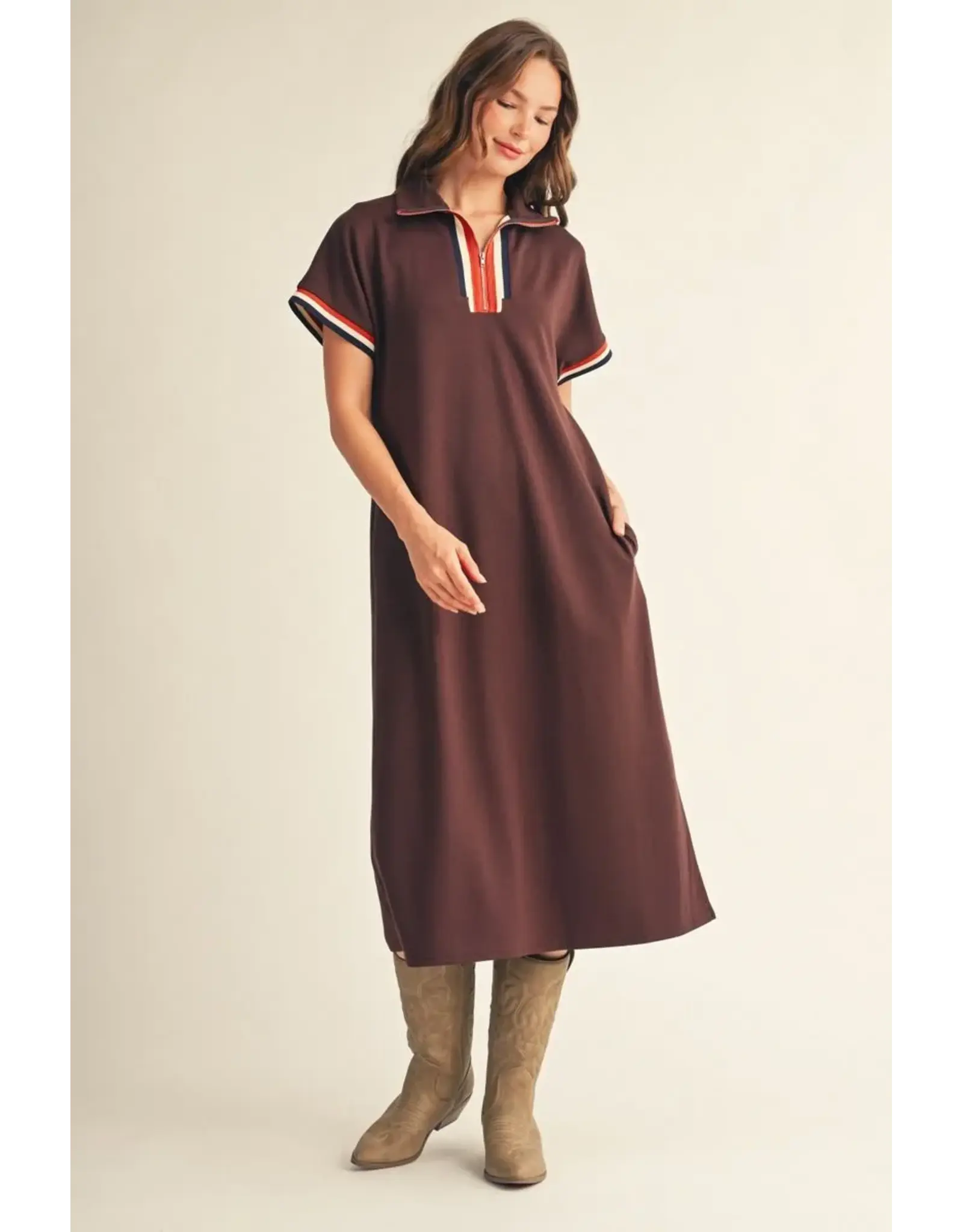 Stephanie Zip-Up Brown Midi Dress