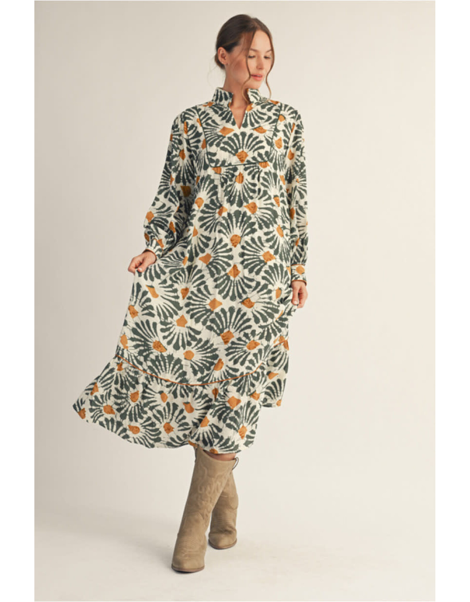 Brooke Boho Olive Print Midi Dress