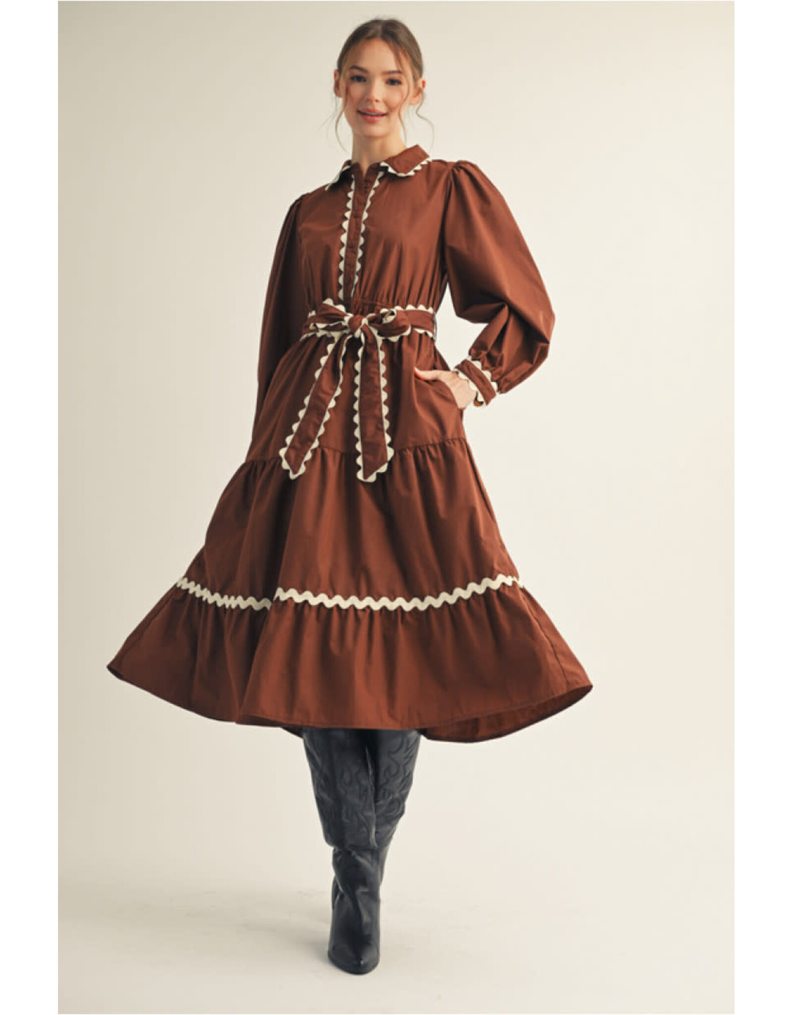 Santina Swirl Trim Brown Midi Dress