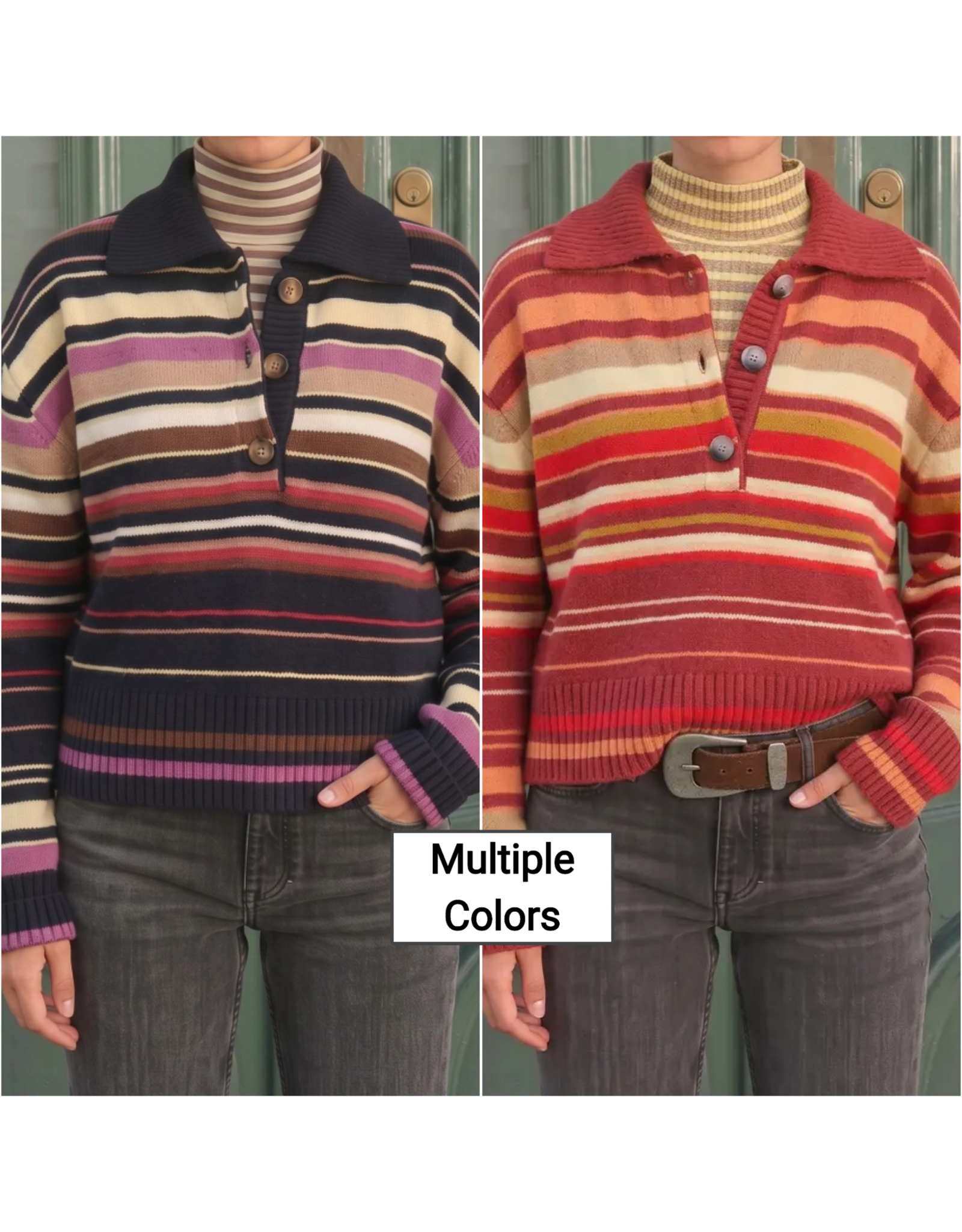 Belinda Button Collar Stripe Sweater