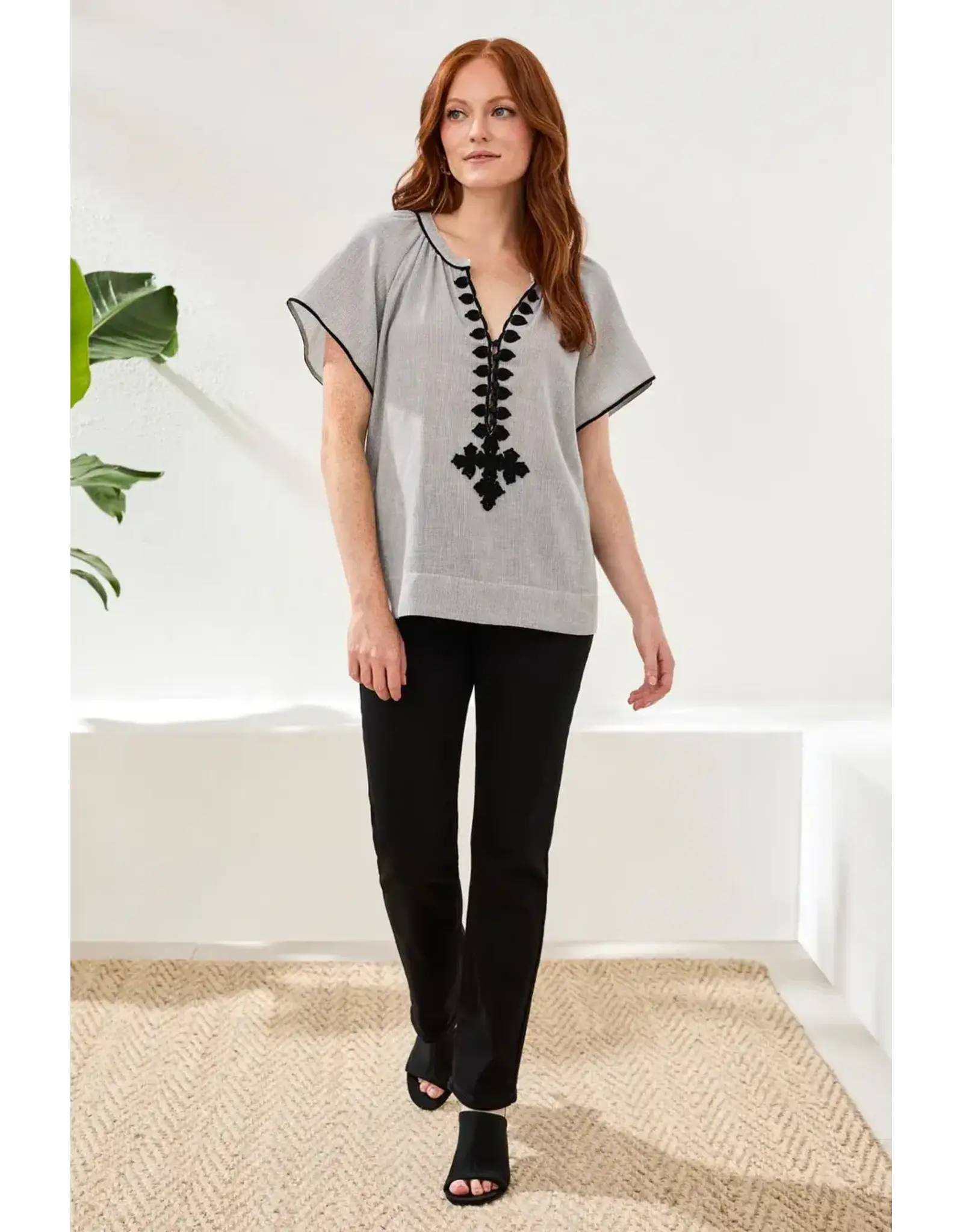 Tribal Tribal Flutter Sleeve Embroidered Detail Notch Neck Blouse Black