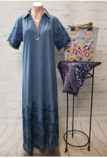 Elizah Embroidered Scallop Edge Denim Maxi Dress
