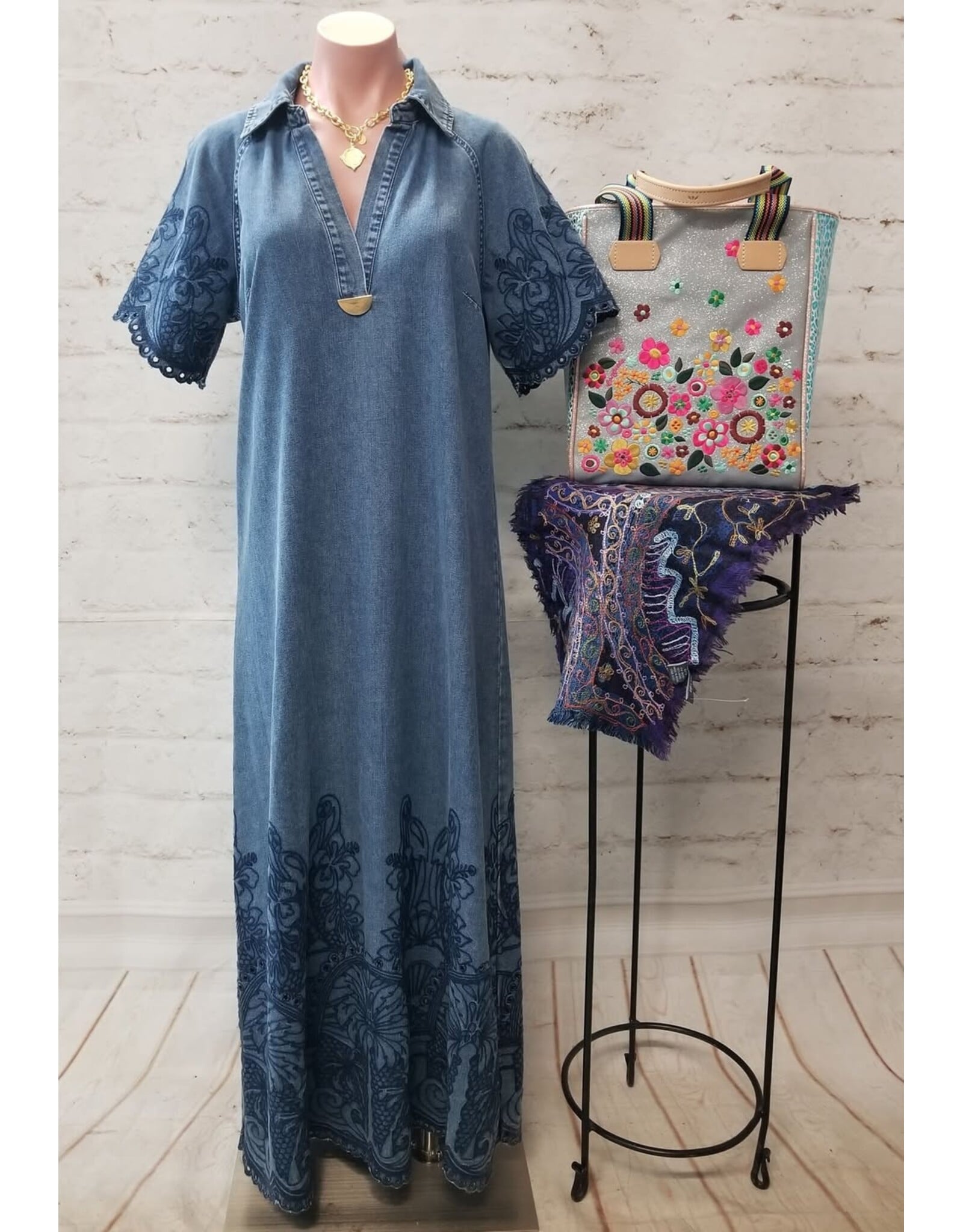 Elizah Embroidered Scallop Edge Denim Maxi Dress