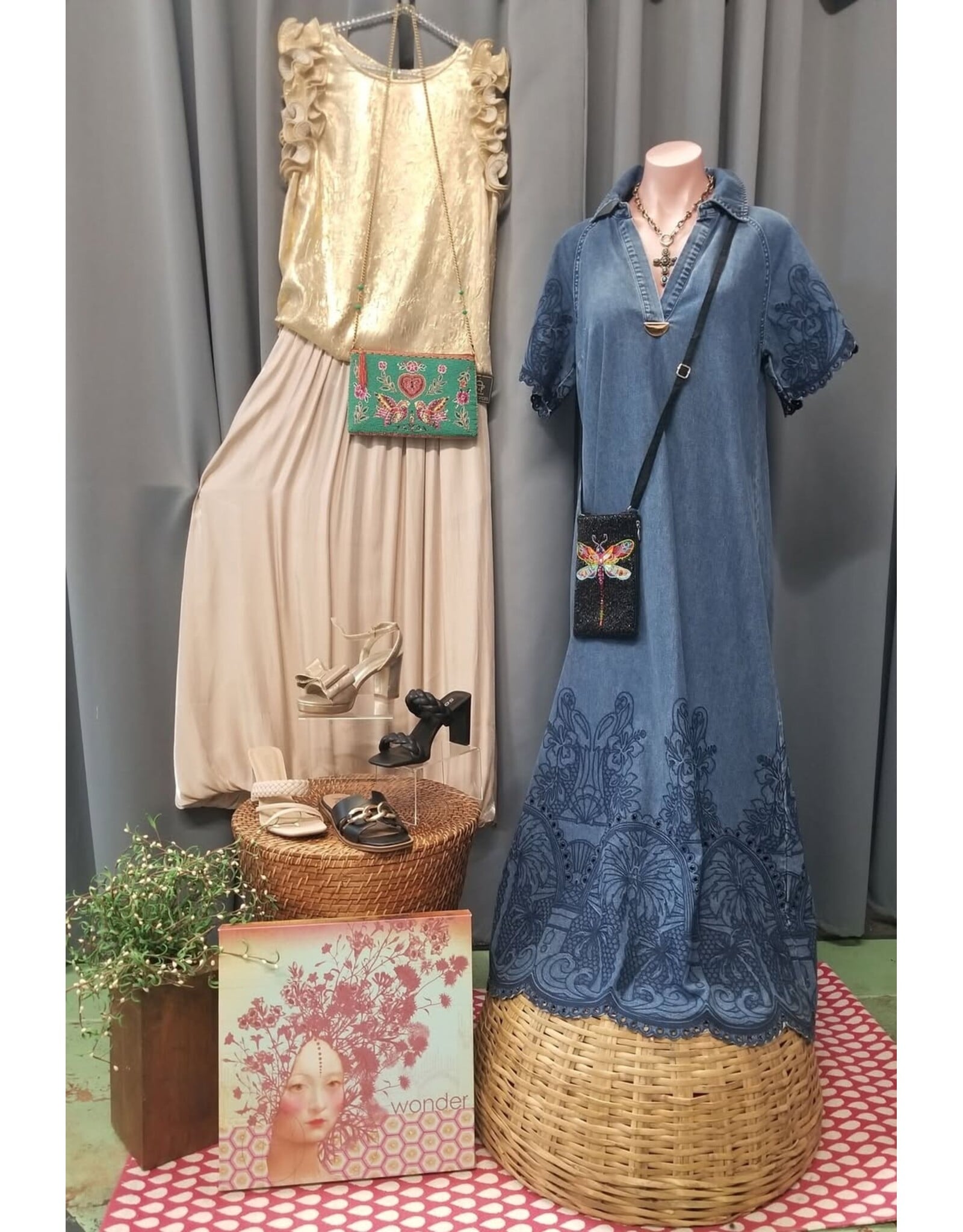 Elizah Embroidered Scallop Edge Denim Maxi Dress