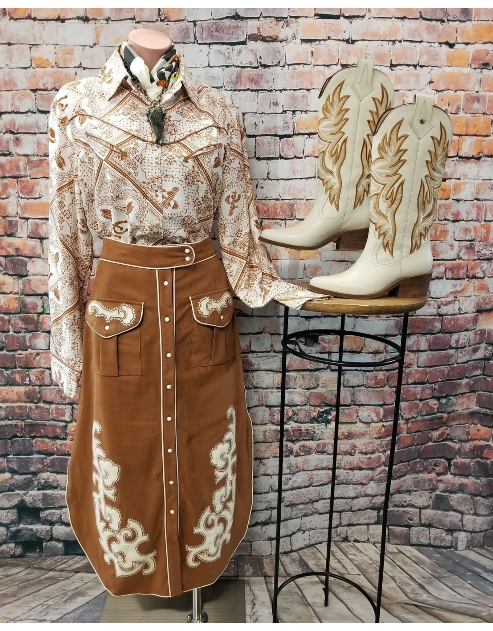 Susie Suede Embroidered Patch Midi Skirt