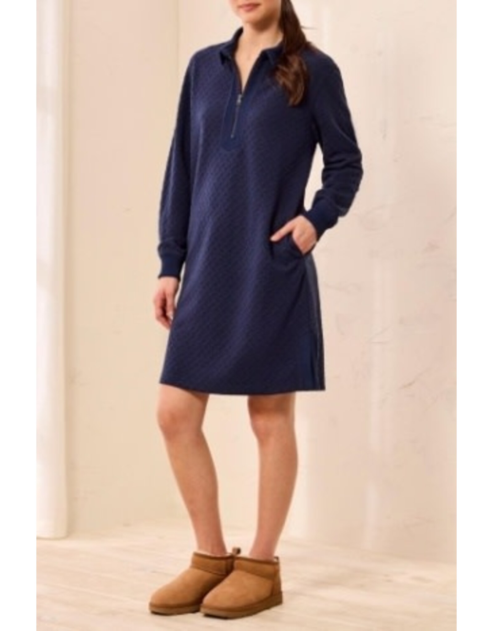 Tribal Tribal Textured Quarter-Zip Collared Knit Dress Jet Blue
