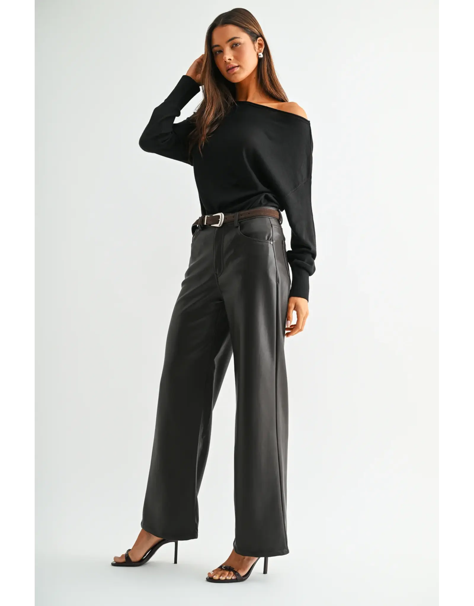 Maeve High-Rise Wide Leg Faux Leather Pants Dark Brown