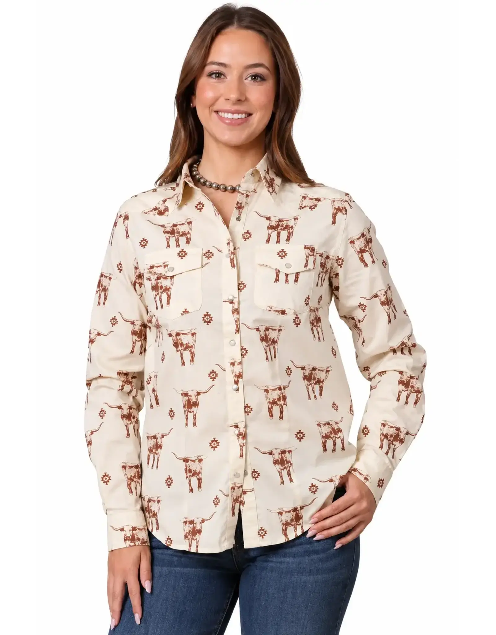 Longhorn Long Sleeve Pearl Snap Ivory